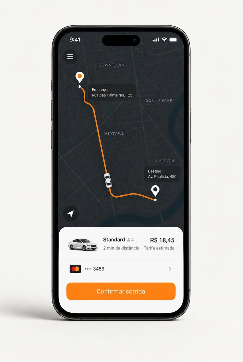 Celular exibindo o aplicativo Log Urbano com a rota traçada no mapa